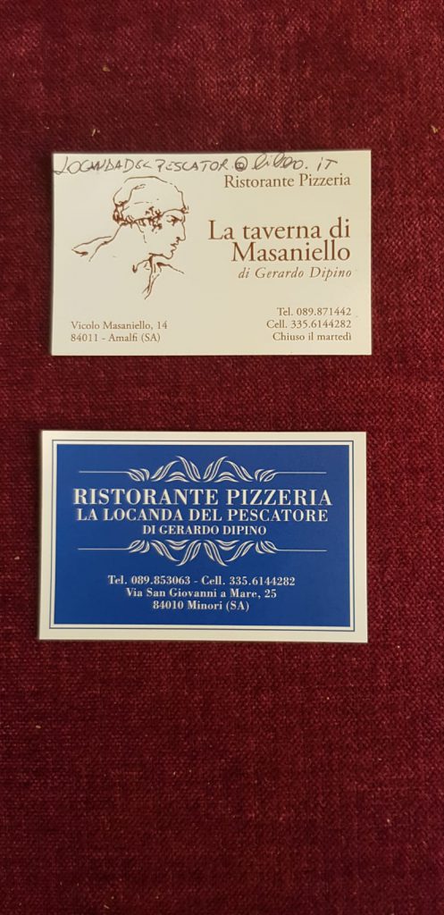 Ricette d'amore e fantasia da Alatel con simpatia. Convenzione di Salerno sulla Divina Costa. Anno 2020. Ristorante La Taverna di Masaniello ad Amalfi. E La Locanda del pescatore a Minori. Il posto è ameno. Provateci!. Ma è meglio riprovarci!